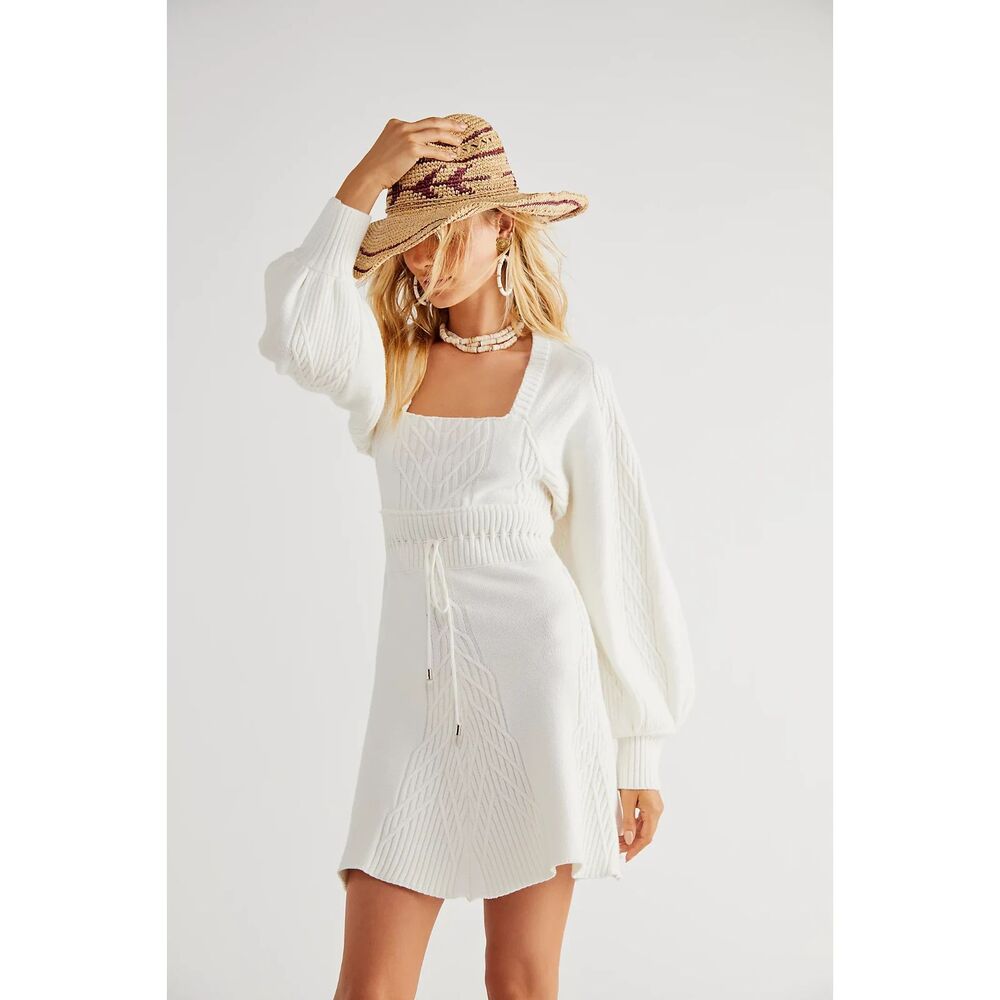 Free People Emmaline Mini Sweater Dress Knit Long Sleeve Boho Off White Small